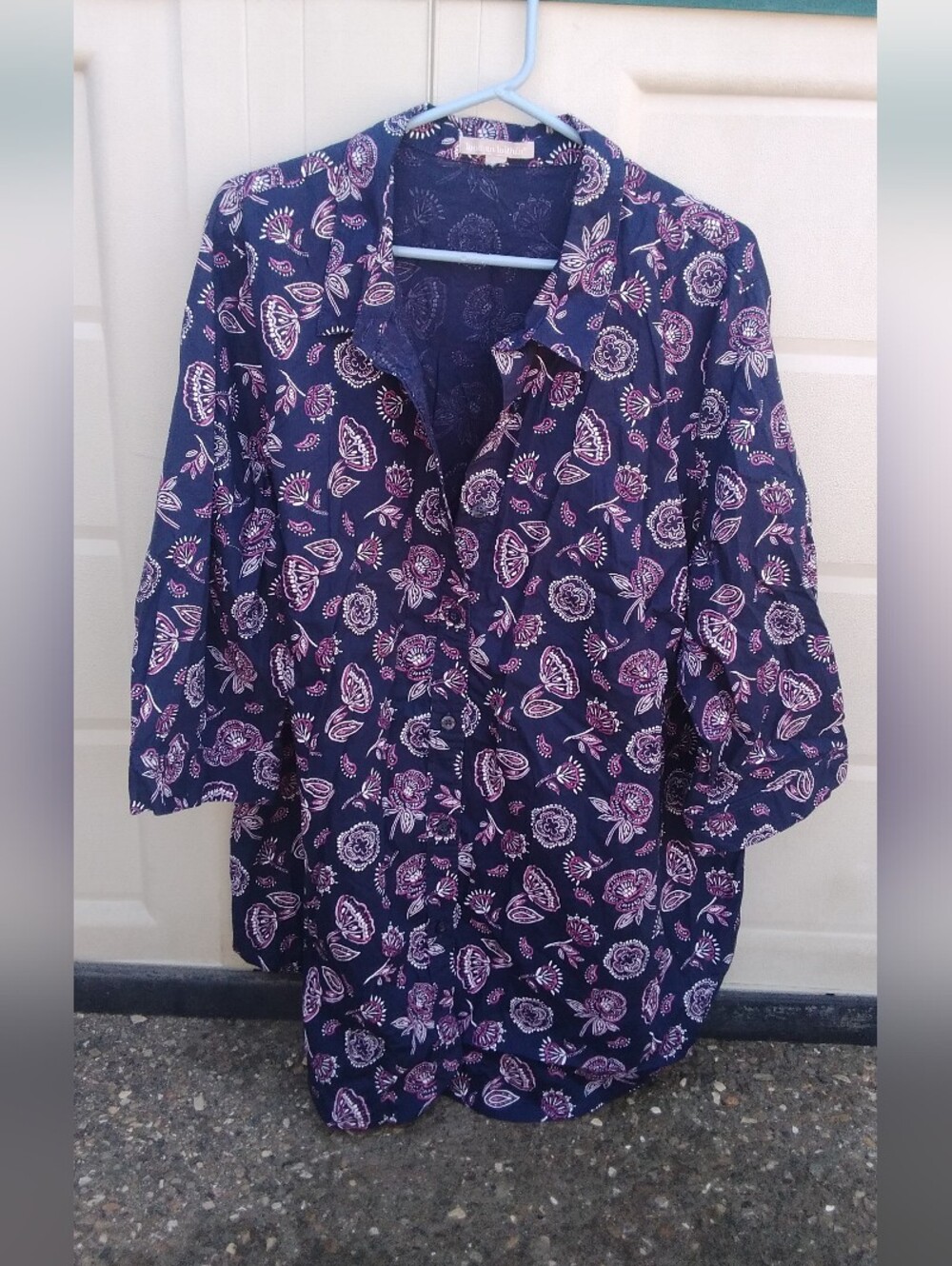 Woman Within Top Shirt 26W/28W 3X/4X Navy Blue Floral Button-Front Blouse
